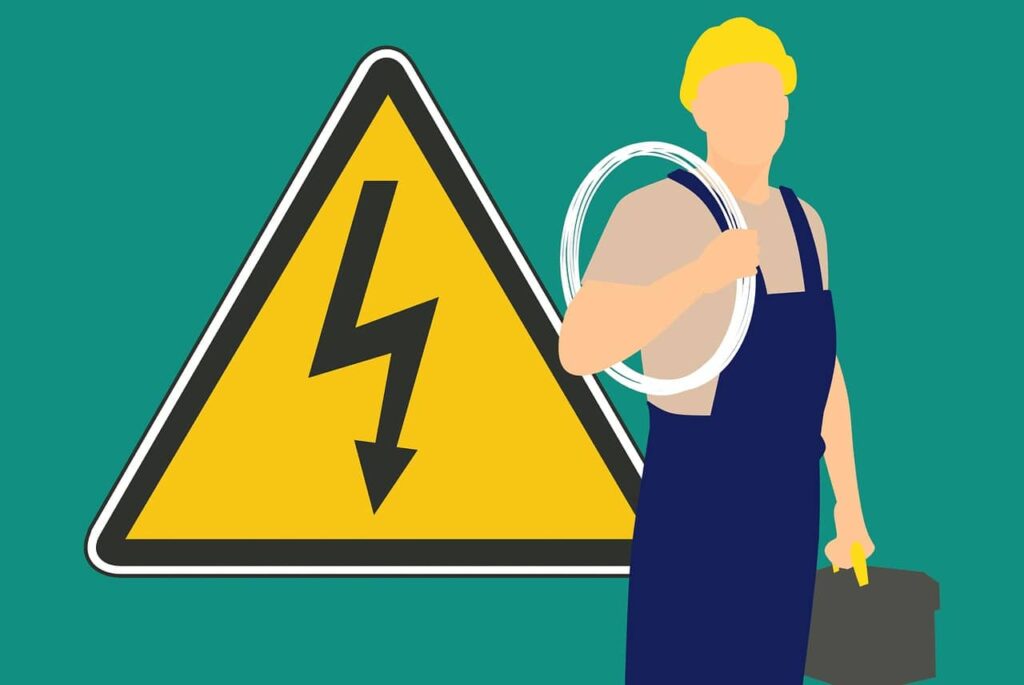 illustrasjon av elektriker med varmekabel og fareskilt